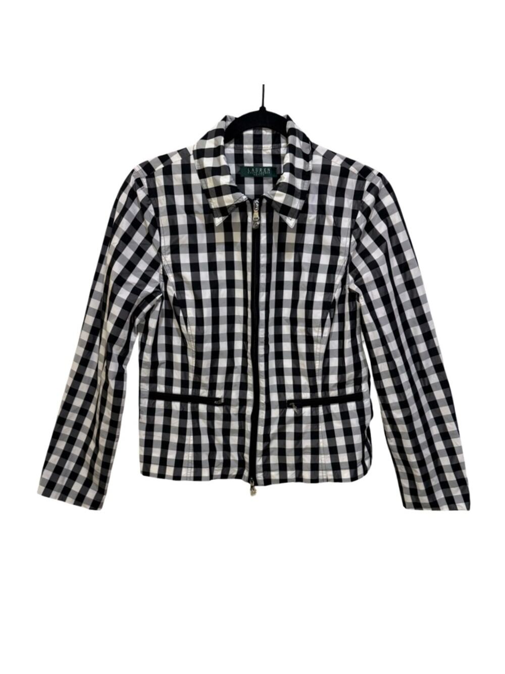 Lauren Ralph Lauren Womens Gingham Zip Up Jacket Size MP Black White